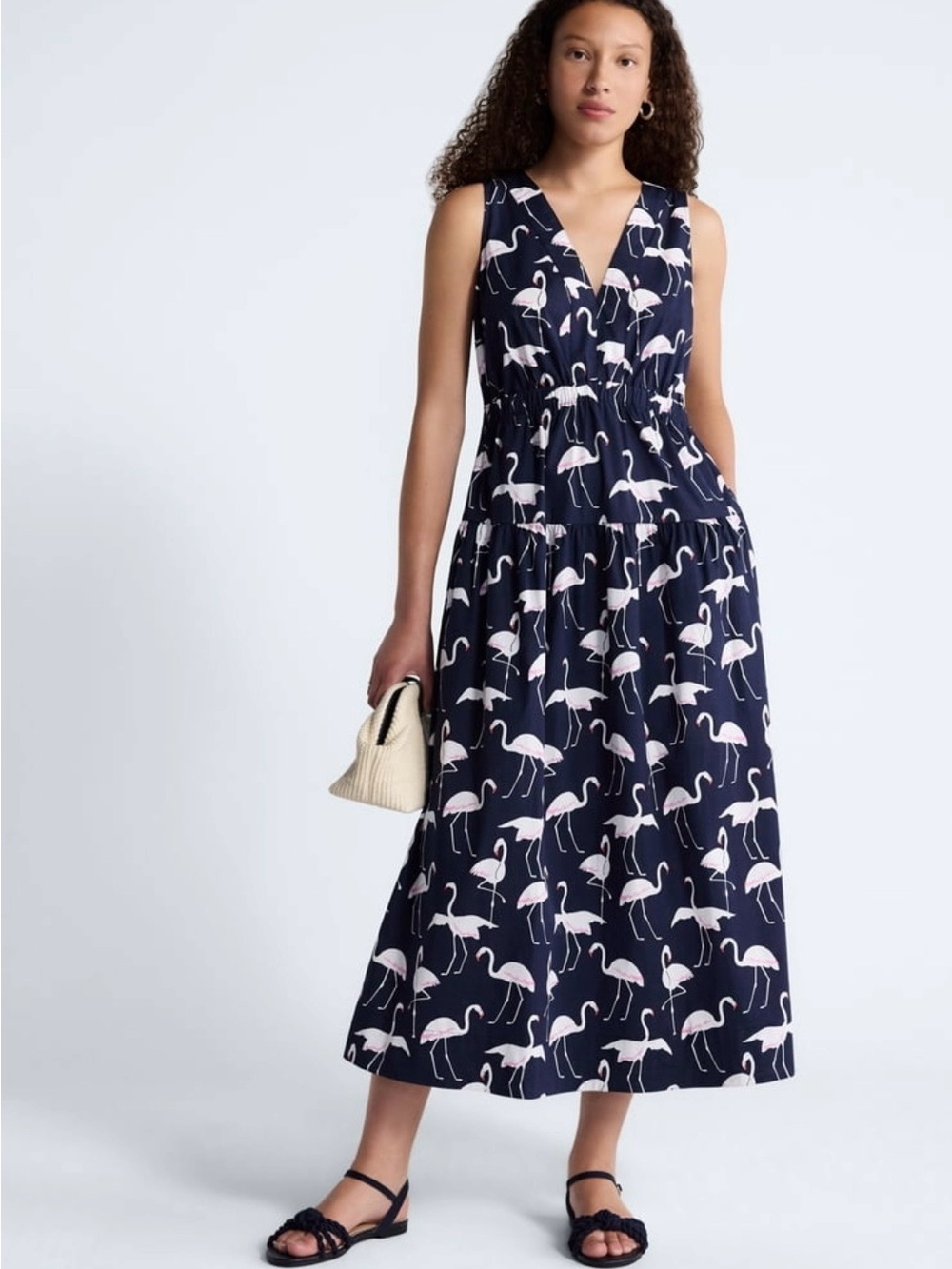 NWT Free Assembly Sleeveless Navy Flamingo-Print V-Neck Maxi Dress